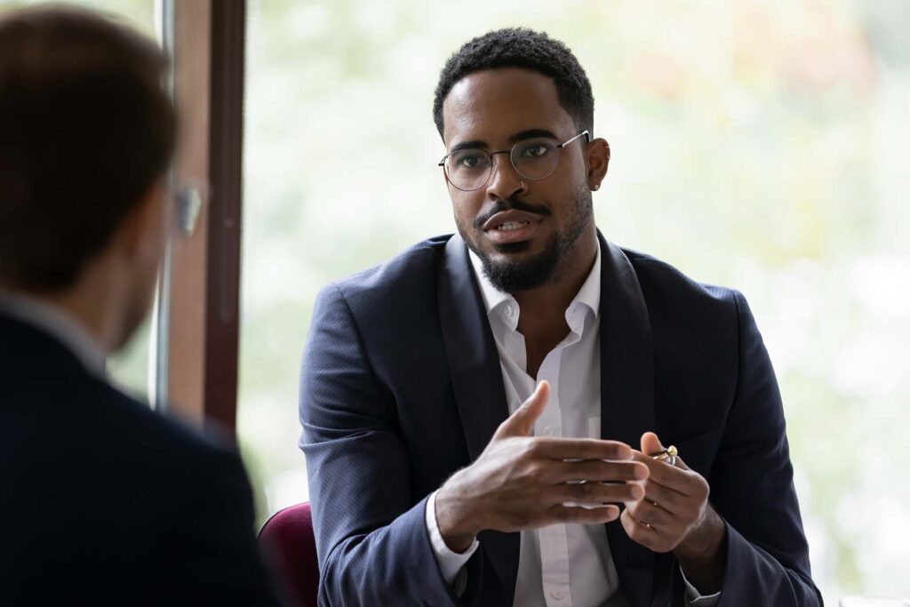 business man talking with employer