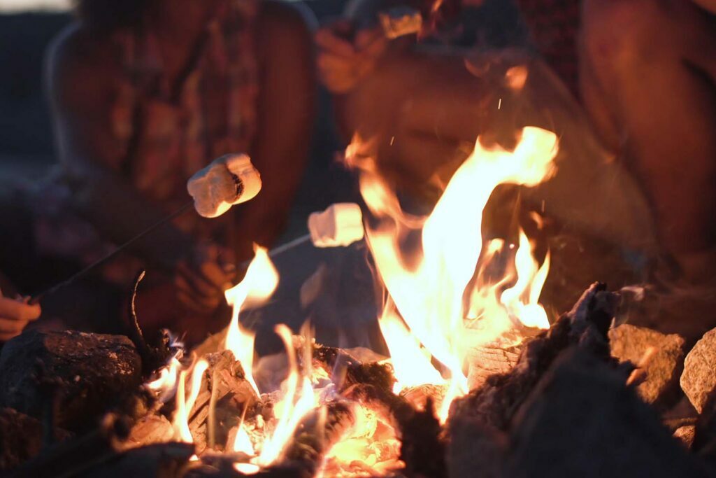 a campfire with people roasting marshmallows in the fall season